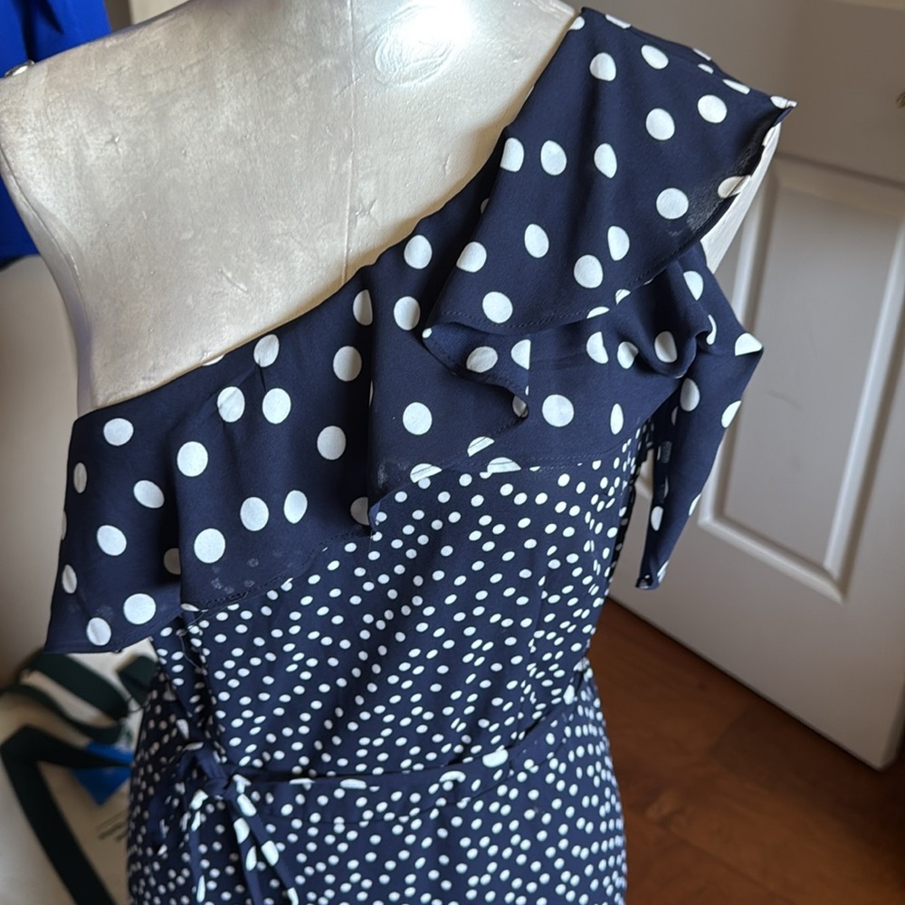 A New Day Mixed Polka Dot One Shoulder Ruffle Midi Dress - Navy Blue/White - S - Picture 3 of 11